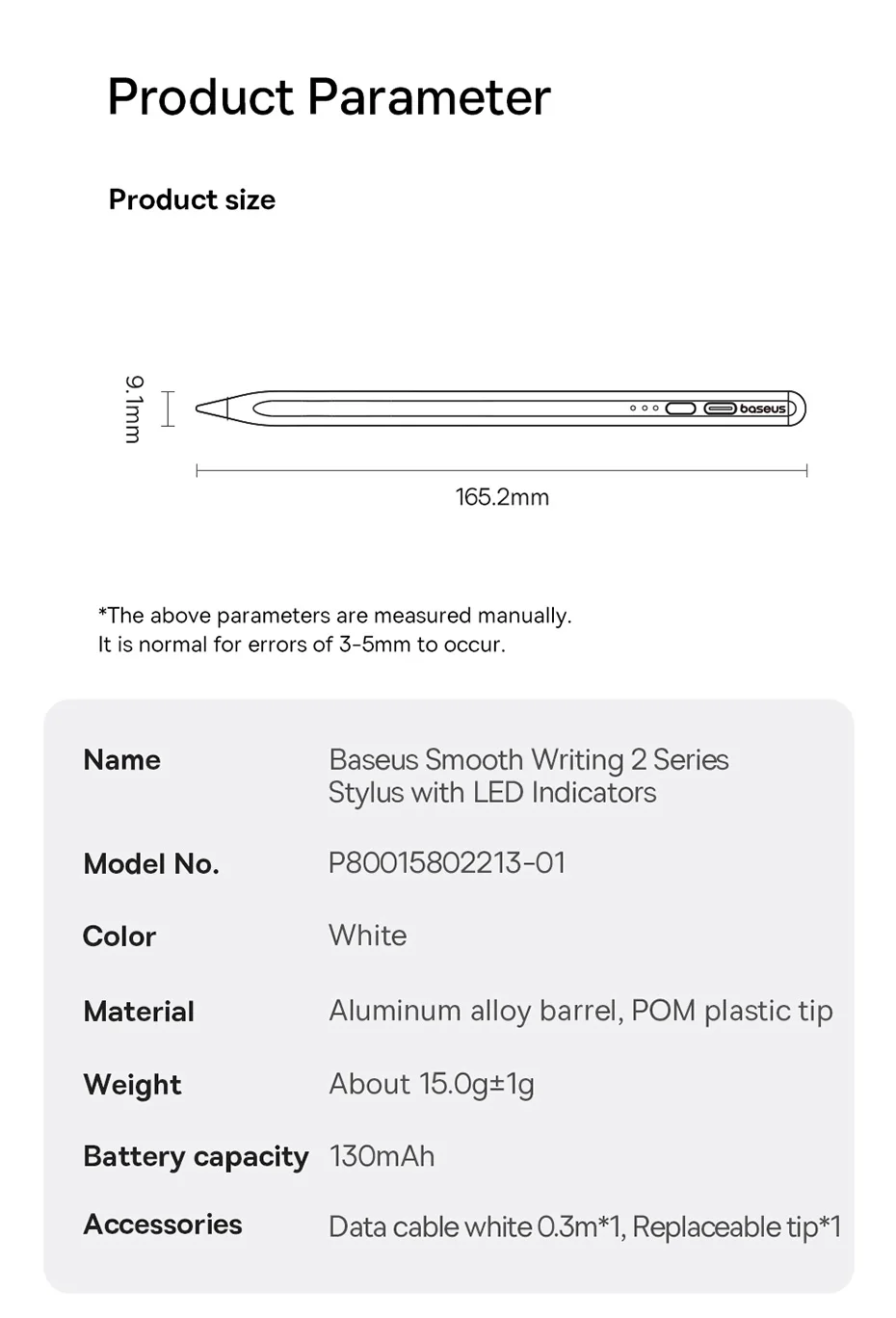 BASEUS SMOOTH WRITING 2 SERIES STYLUS LITE WITH LED INDICATORS ACTIVE WIRELESS VERSION MOON WHITE BS-PS043 thumbnail 5