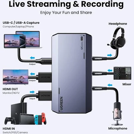 UGREEN AUDIO VIDEO CAPTURE CARD MIC HEADPHONE 4K/60HZ HDMI 10937 thumbnail 10