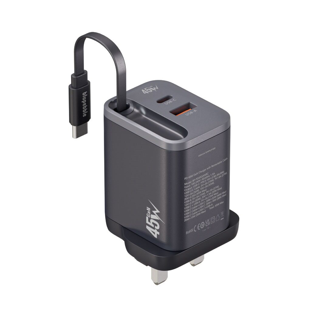 BLUPEBBLE POWERCORE 45W 2 PORTS PD GAN FAST CHARGER PD45W BLACK BP-PD45GANRC-BK
