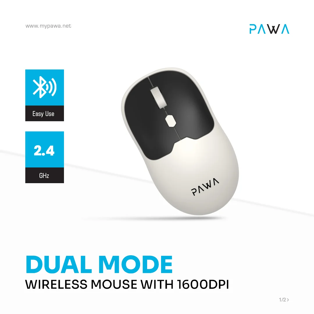 PAWA DUAL MODE WIRELESS MOUSE WITH 1600 DPI WHITE BLACK PW-CABTMK16-GYBK thumbnail 6