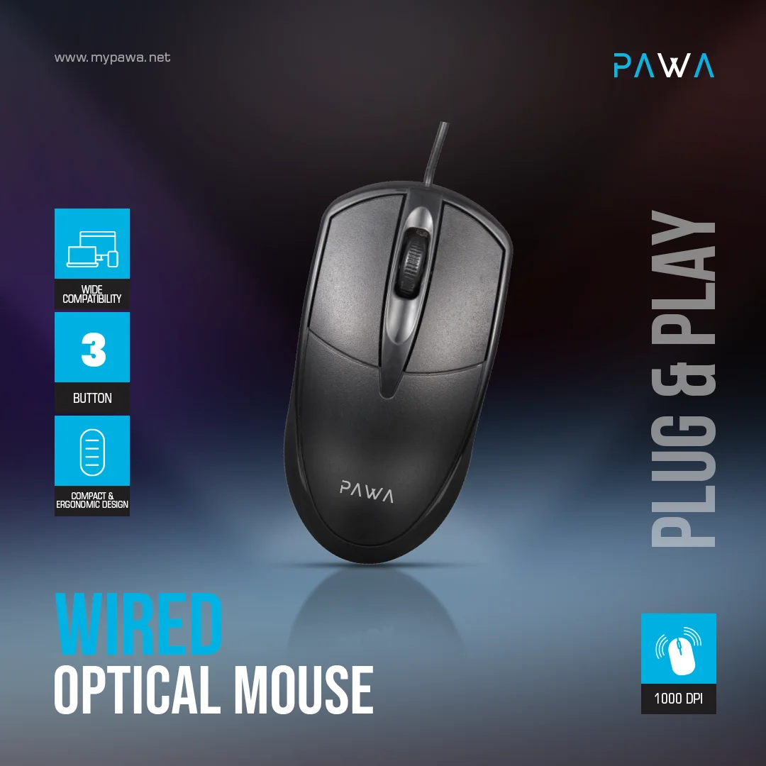PAWA WIRED OPTICAL MOUSE BLACK PW-MWN2TC15-BK thumbnail 3