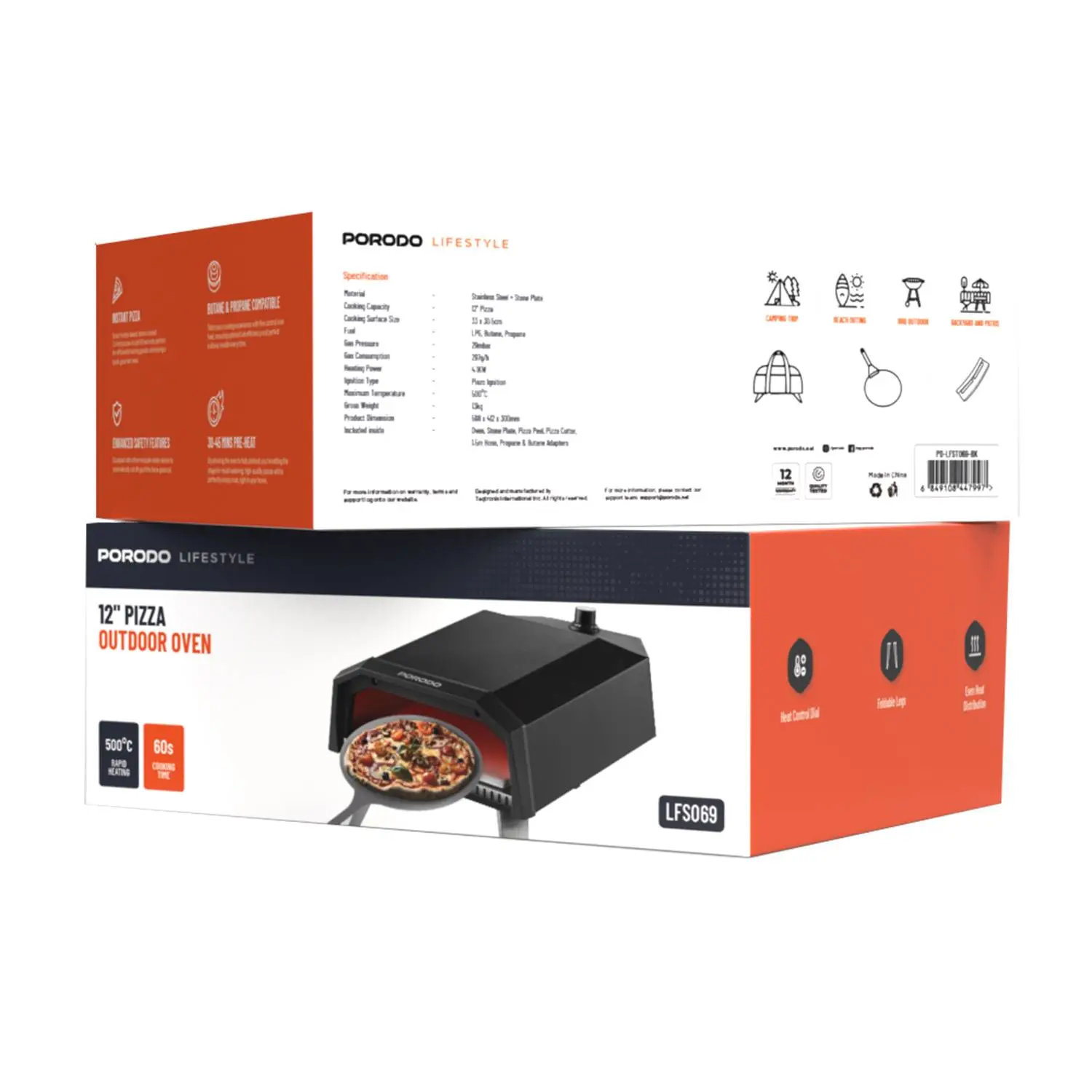 Porodo Lifestyle 12-Inch Outdoor Pizza Oven - Black ,Portable & Efficient thumbnail 3