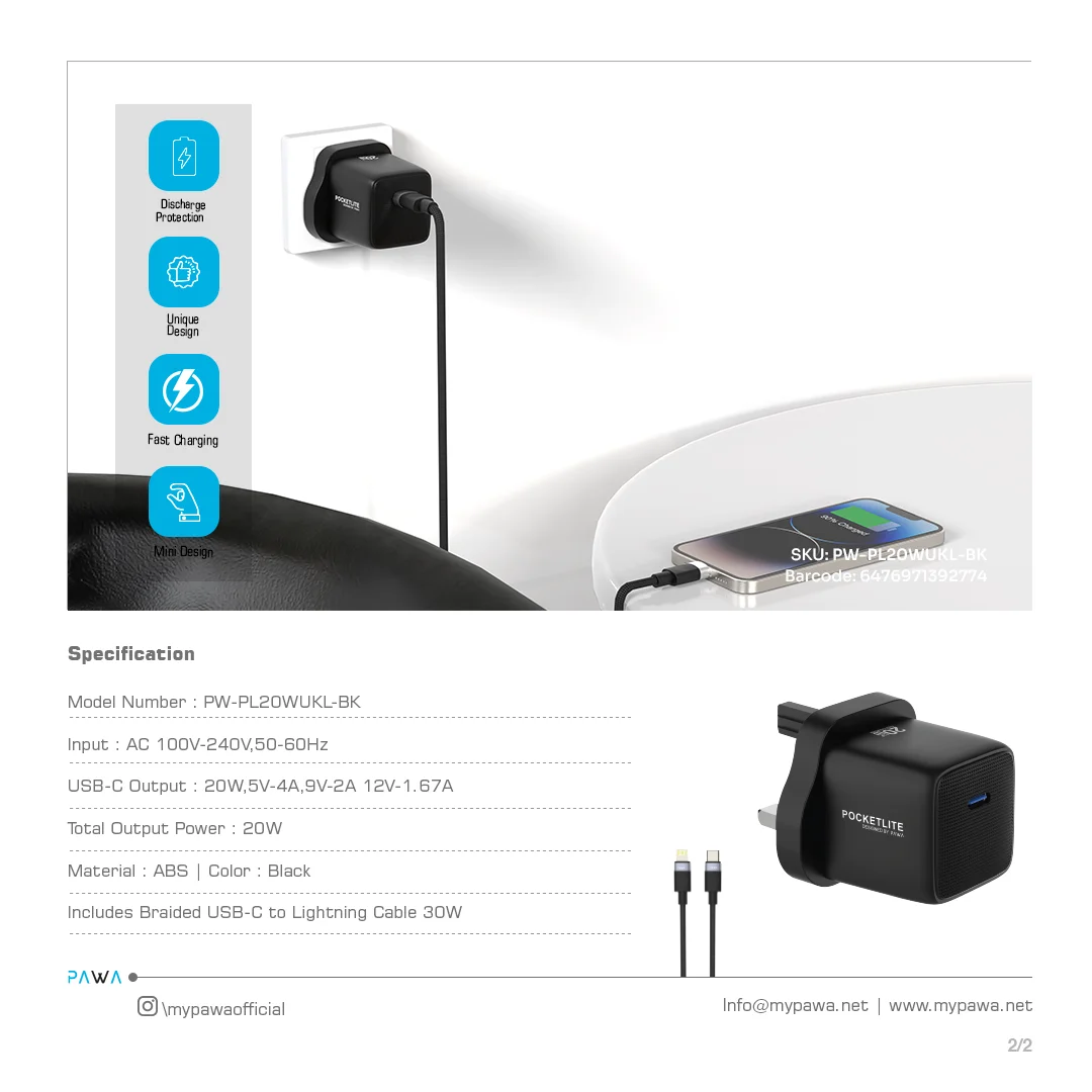PAWA POCKETLITE TRAVEL CHARGER TYPE-C PORT GAN PD20W TYPE C LIGHTING CABLE BLACK PW-PL20WUKL-BK thumbnail 8