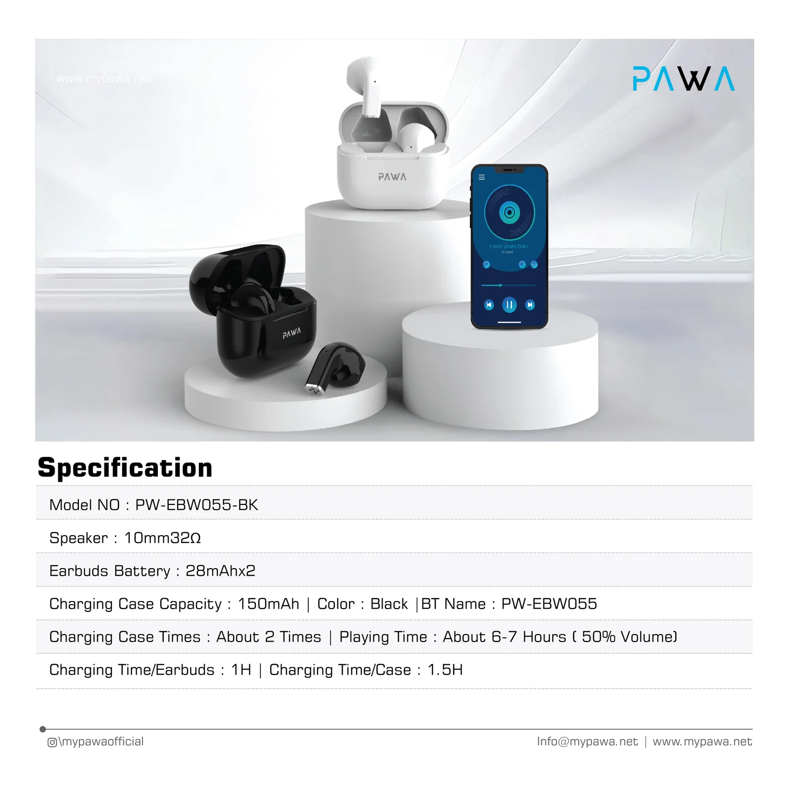 PAWA SPACE LITE WIRELESS EARBUDS BLACK PW-EBW055-BK thumbnail 6