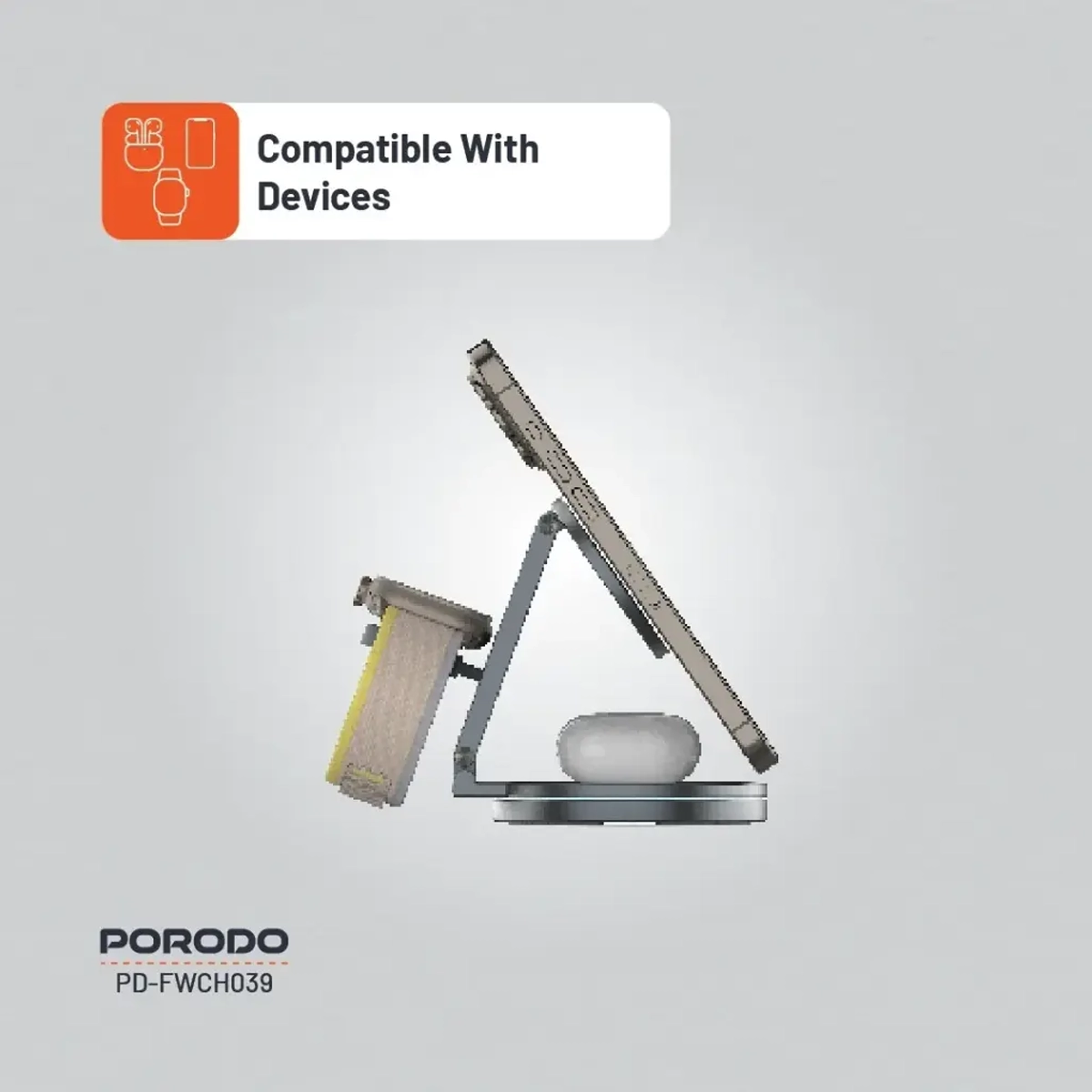 PORODO ROTATING BASE THREE DEVICE WIRELESS CHARGER GRAY PD-FWCH039-GY thumbnail 9