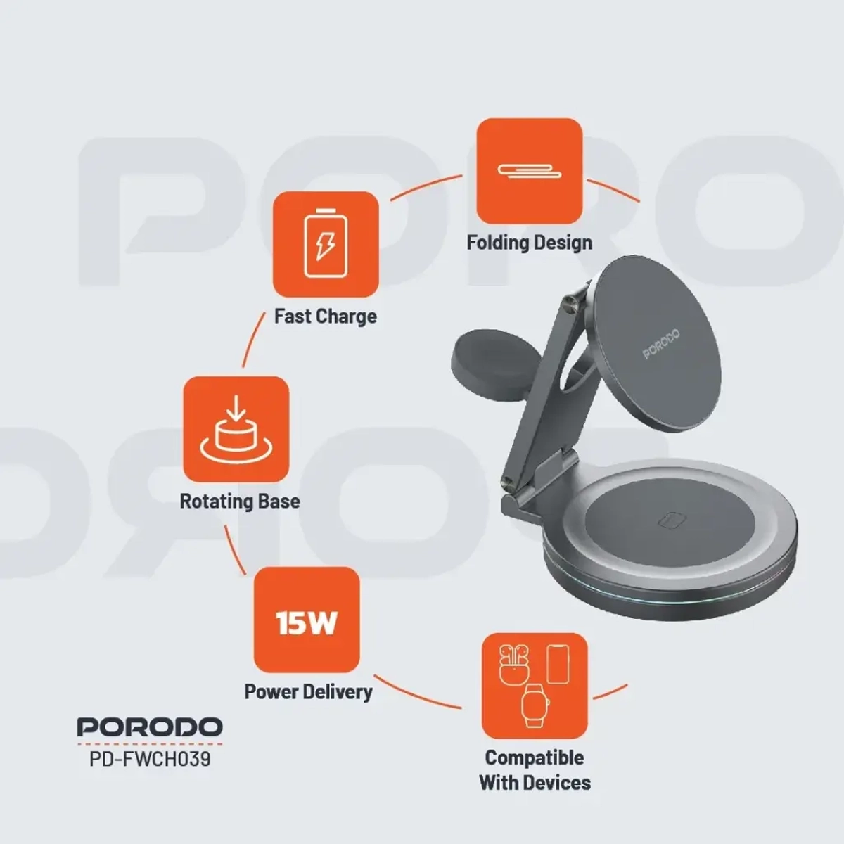 PORODO ROTATING BASE THREE DEVICE WIRELESS CHARGER GRAY PD-FWCH039-GY thumbnail 6