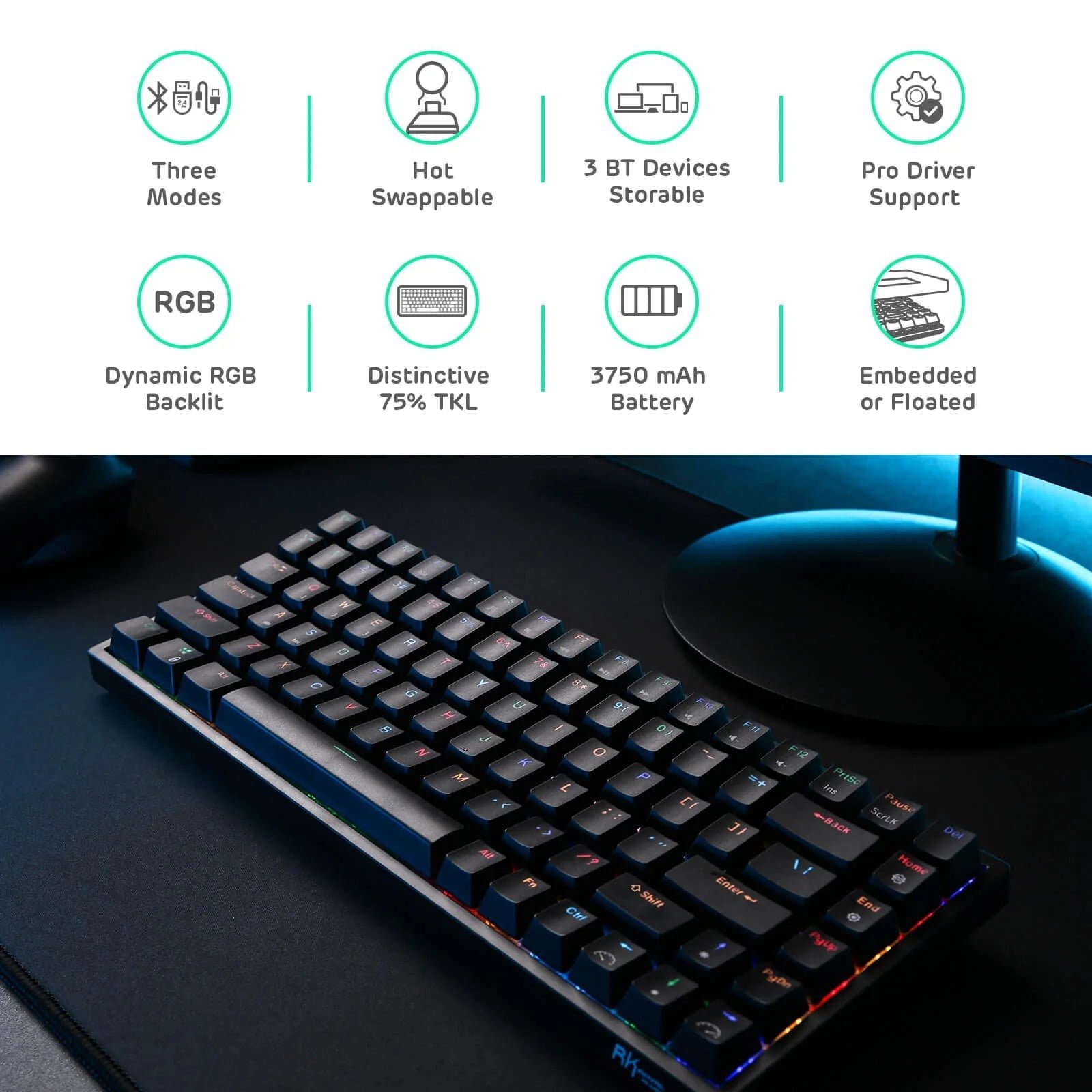 ROYAL KLUDGE GAMING KEYBOARD RGB TRI MODE HOT PLUG BROWN SWITCH BLACK RK84 thumbnail 11