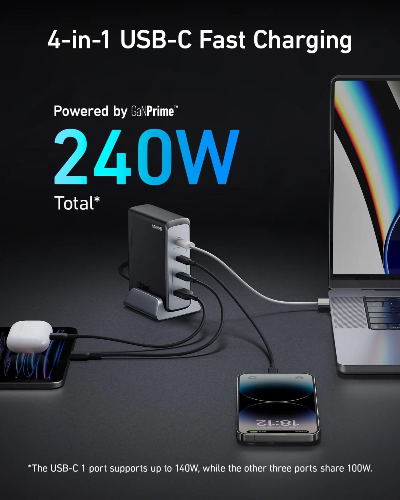 ANKER PRIME 240W GAN MULTI DEVICE DESKTOP CHARGER 4 PORTS A2342211 thumbnail 11