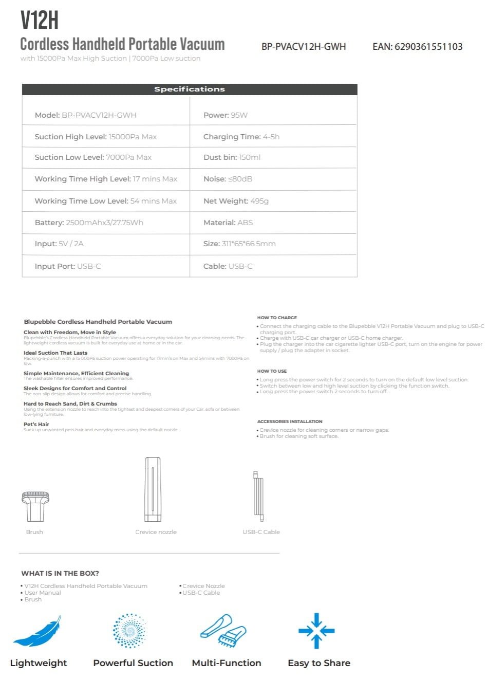 BLUPEBBLE CORDLESS HANDHELD PORTABLE VACUUM V12H WHITE BP-PVACV12H-GWH thumbnail 15