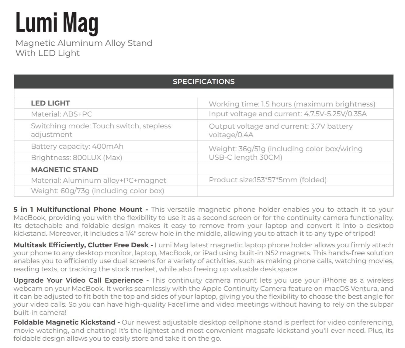 BLUPEBBLE LUMI MAG MAGNETIC ALUMINIUM ALLOY STAND WITH LED LIGHT GREY BP-LUMIMAG-GY thumbnail 6