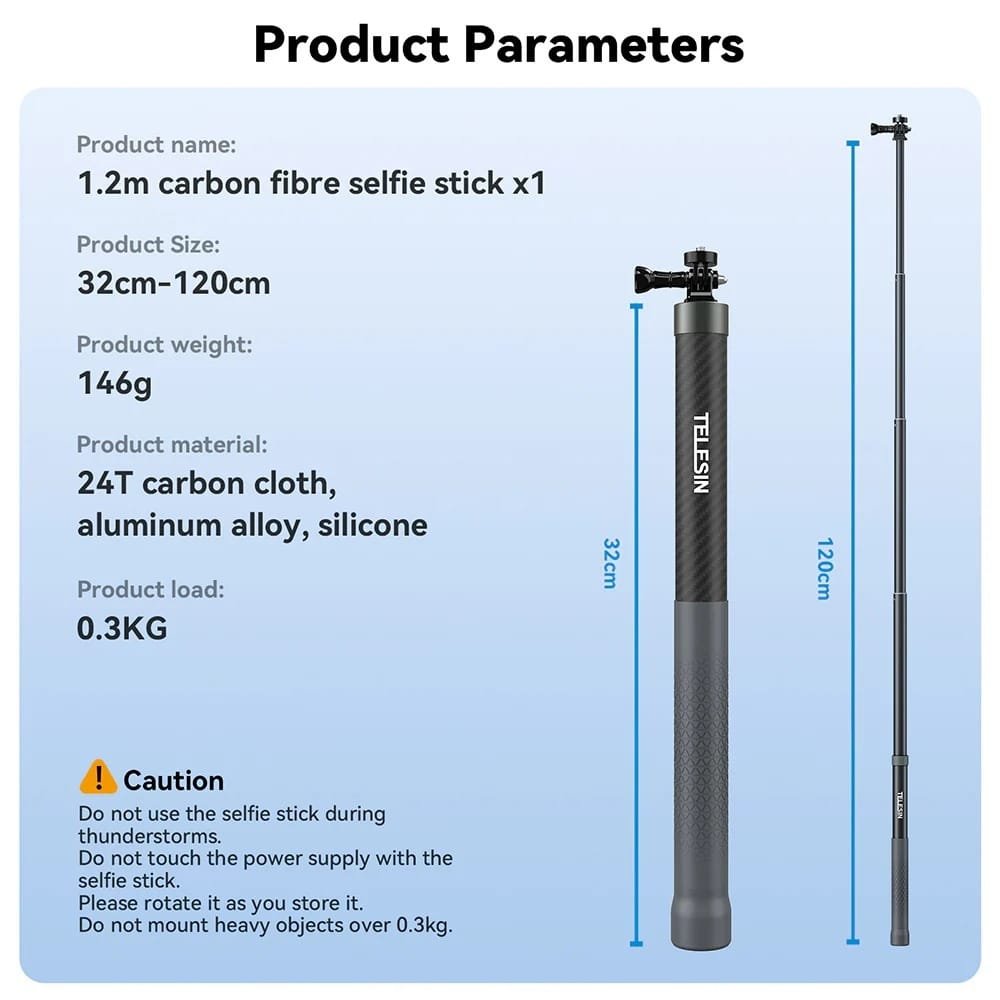 TELESIN 2nd Gen 1.2 Meter Carbon Tube Selfie Stick GP-MNP-002: Capture Stunning Selfies and Videos with Ease thumbnail 22