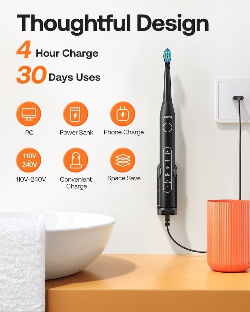 Bitvae Toothbrush Bundle: 8 Heads, Travel Case, Holder, Headcap - Black BV-D2 thumbnail 6