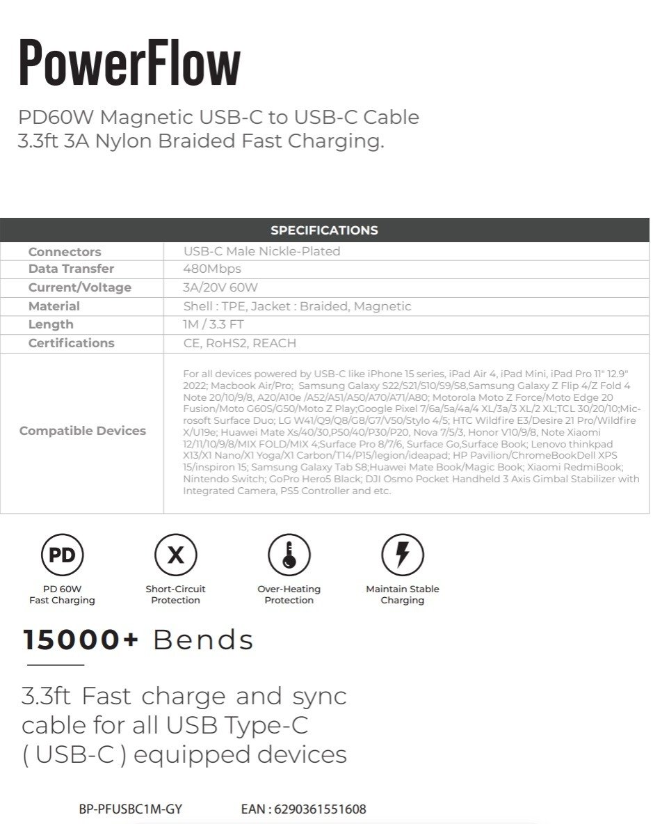 BluPebble PowerFlow Magnetic USB-C to USB-C Cable 3.3ft 60W 1-Meter Grey (BP-PFUSBC1M-GY) thumbnail 15