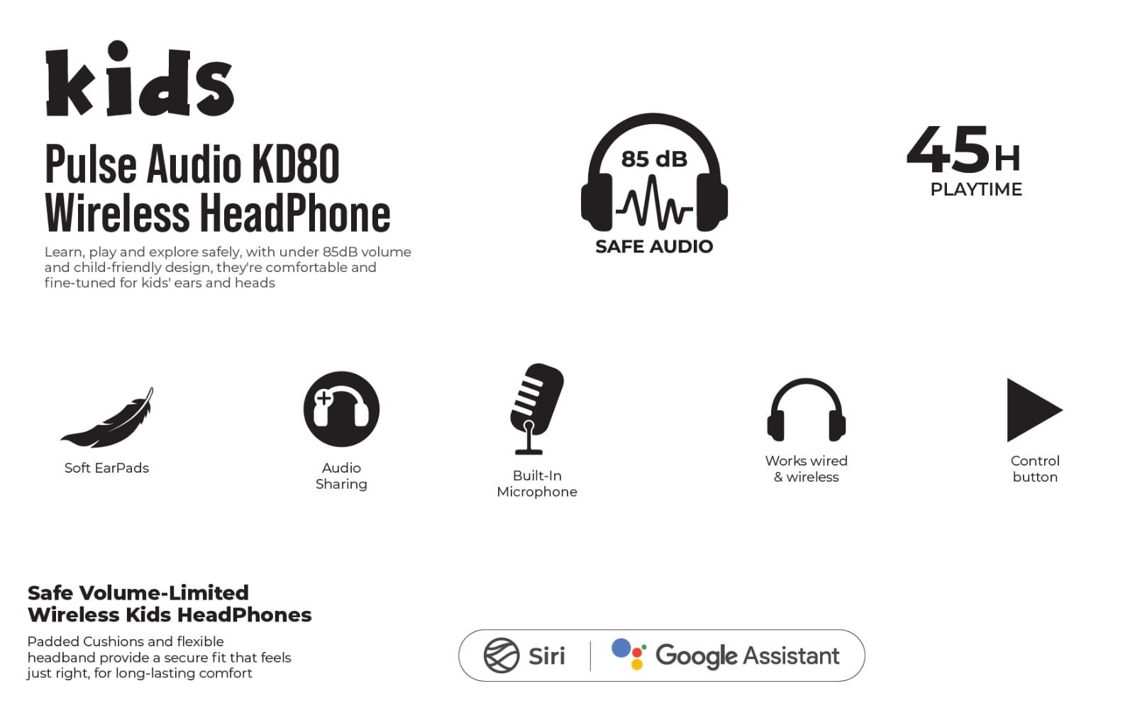 Bluepebble Kids Pulse Audio KD80 Wireless Headphones - Safe & Stylish BP-PAD80JNR thumbnail 23