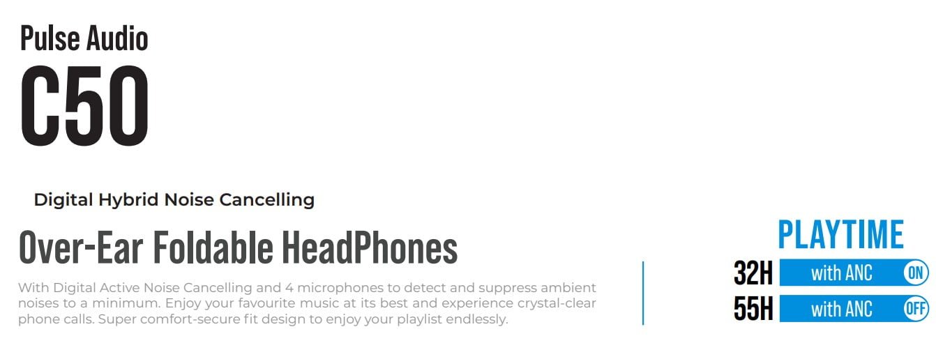 Blupebble C50 Over-Ear Foldable Hybrid Noise Cancelling Headphones - Black BP-PAC50ANC-BK thumbnail 8
