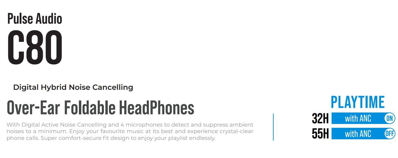 Bluepebble C80 Over-Ear Foldable Digital Hybrid Noise Cancelling Headphones - Black BP-PAC80ANC-BK thumbnail 19