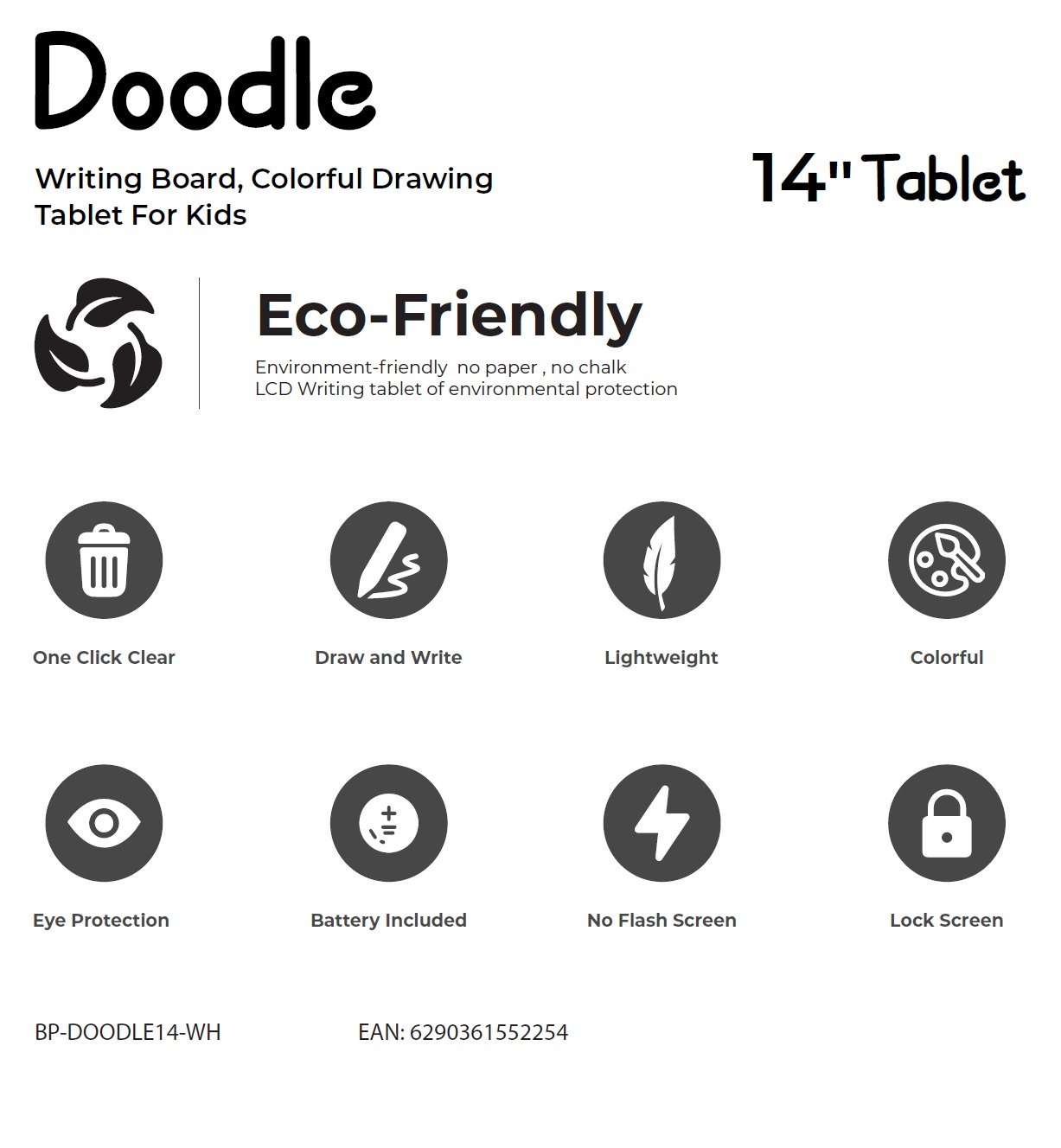 Bluepebble 14-Inch Tablet Doodle Writing & Drawing Board for Kids - White BP-DOODLE14-WH thumbnail 12