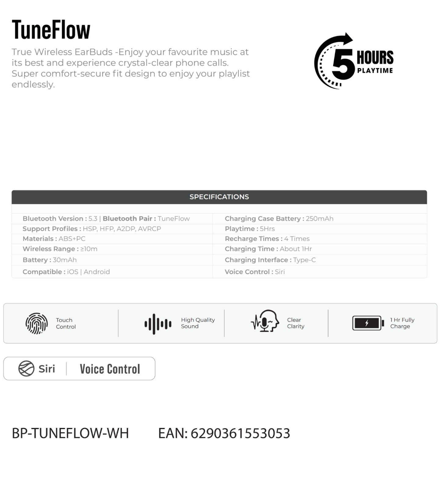 Blupebble TuneFlow True Wireless Earbuds – Crystal Clear Sound, Sleek White Design BP-TWSTUNEFLOW-WH thumbnail 24