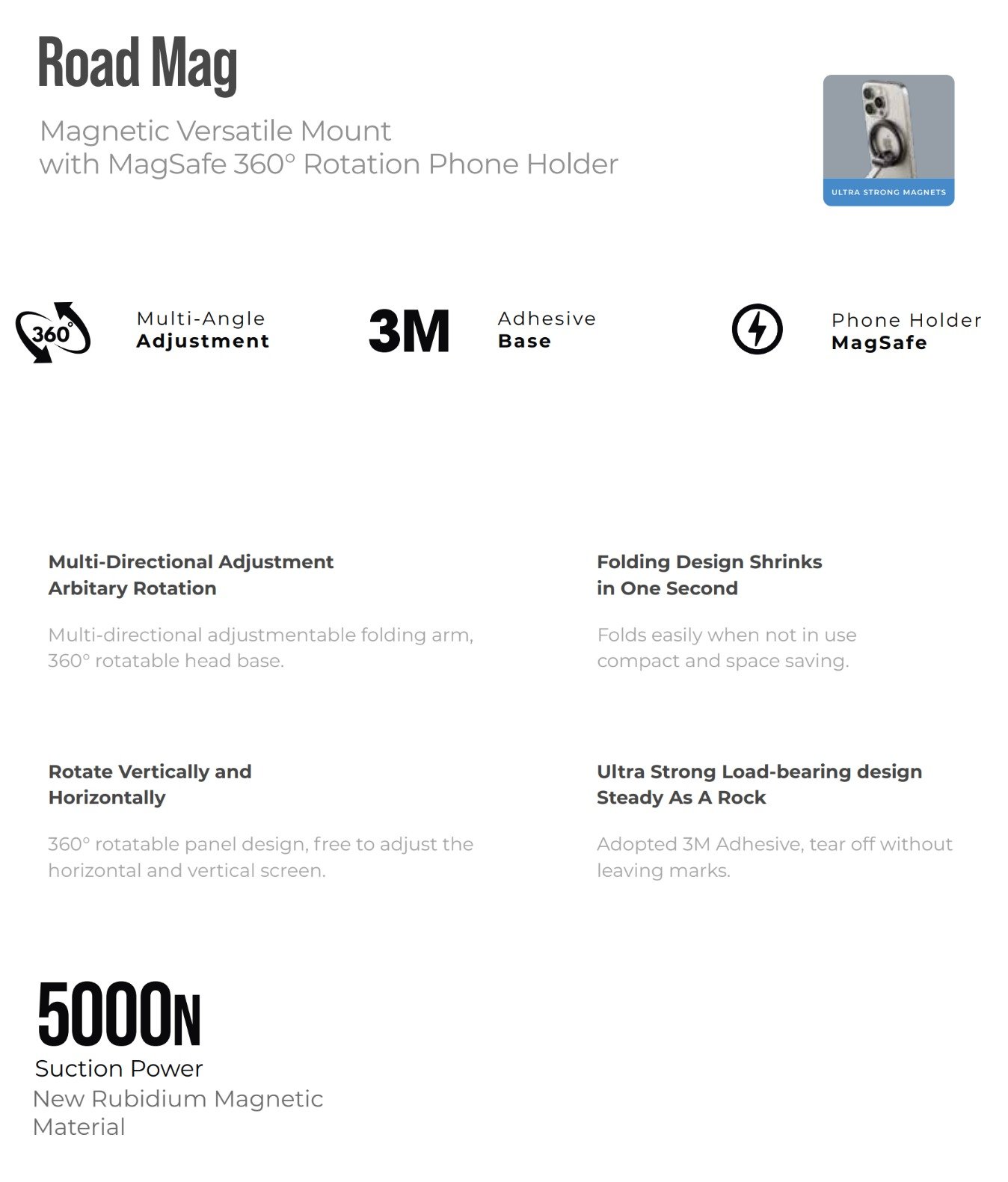 Blupebble Road Mag Magnetic Versatile Mount with MagSafe | 360° Rotation Phone Holder - Black BP-ROADMAG-BK thumbnail 9