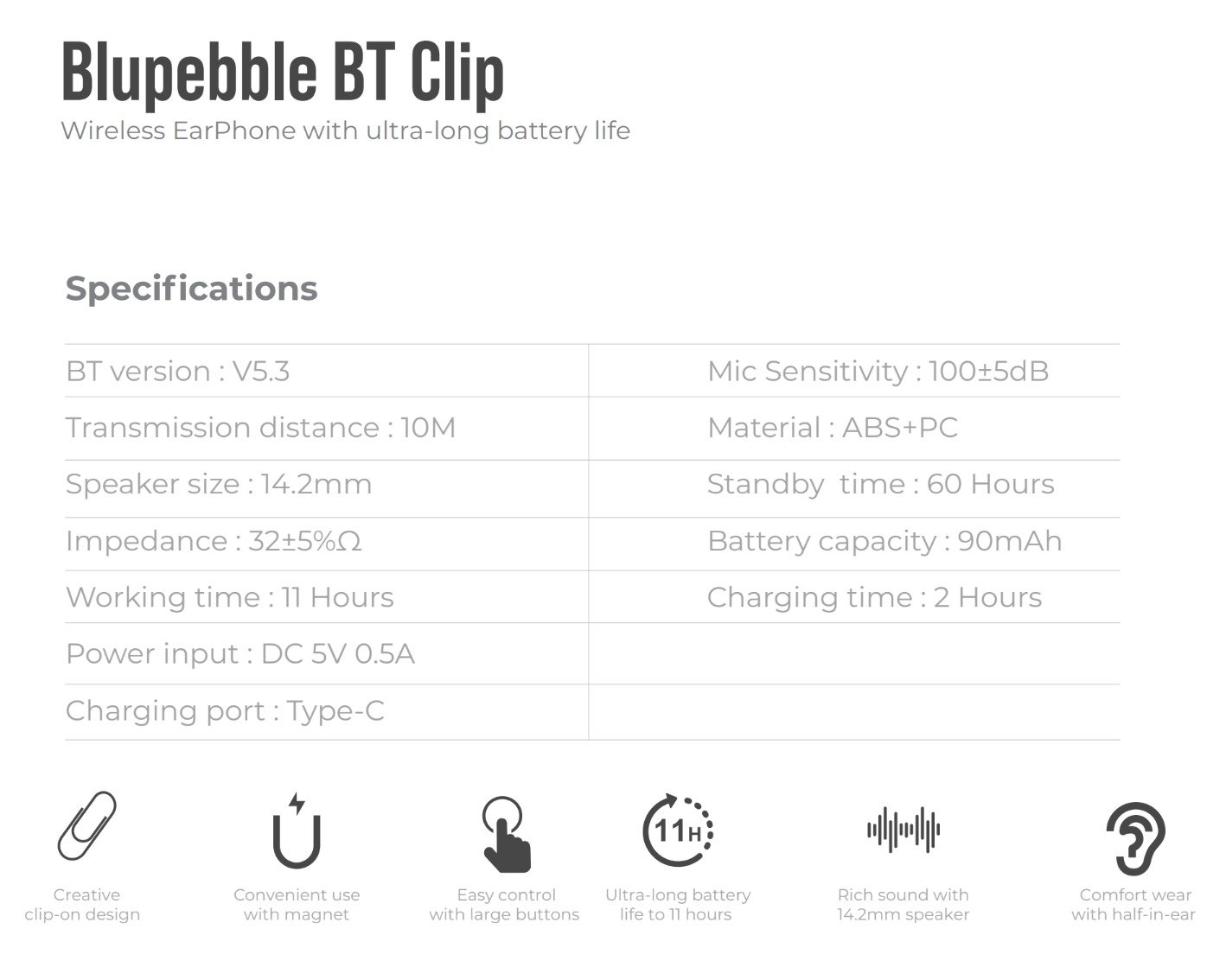 BLUPEBBLE BT CLIP WIRELESS EARPHONE WHITE BP-BTCLIP01-WH thumbnail 3