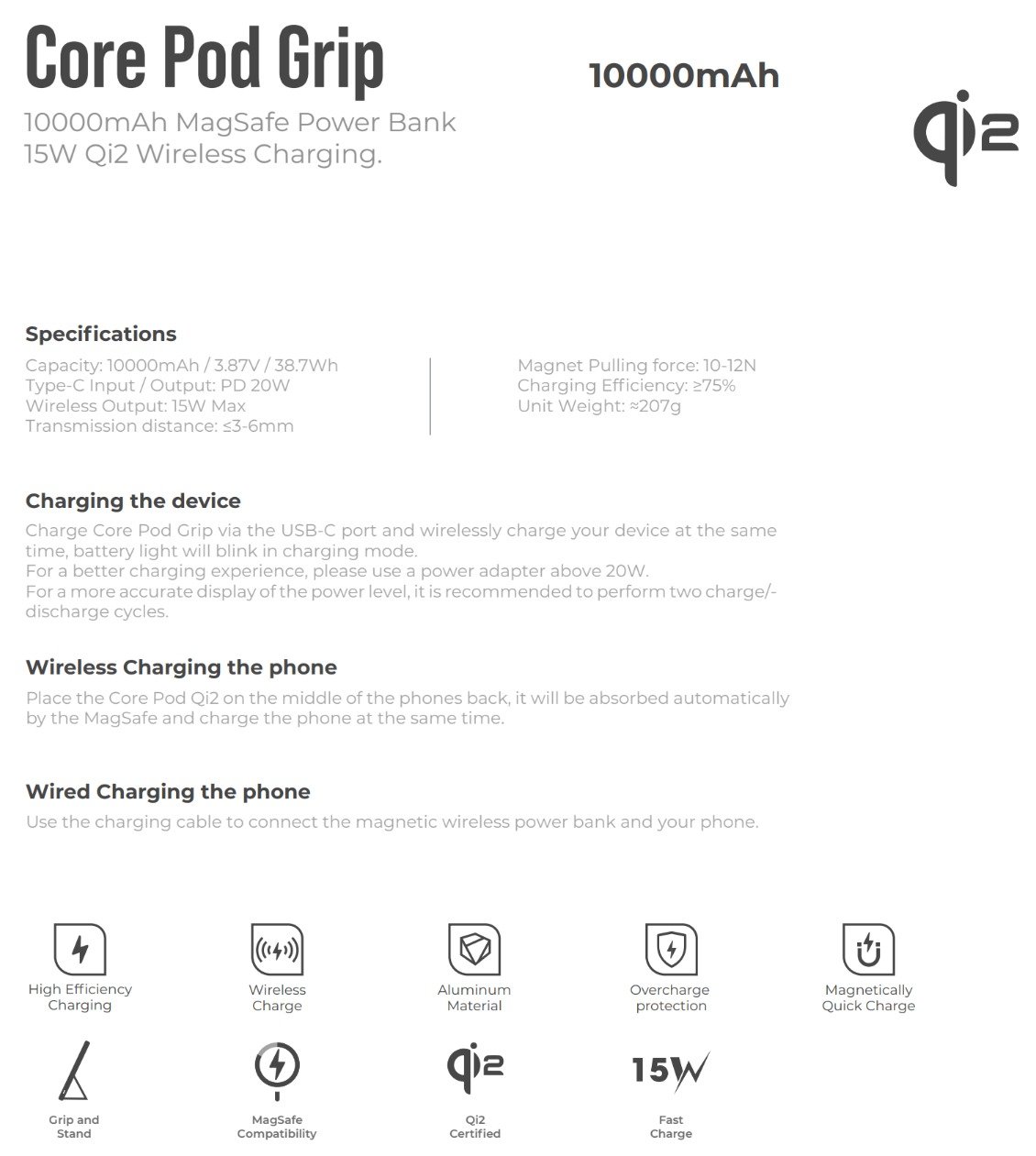 Blupebble 15W Qi2 Core Pod Grip MagSafe Power Bank Black BP-CPGRIP-BK thumbnail 12