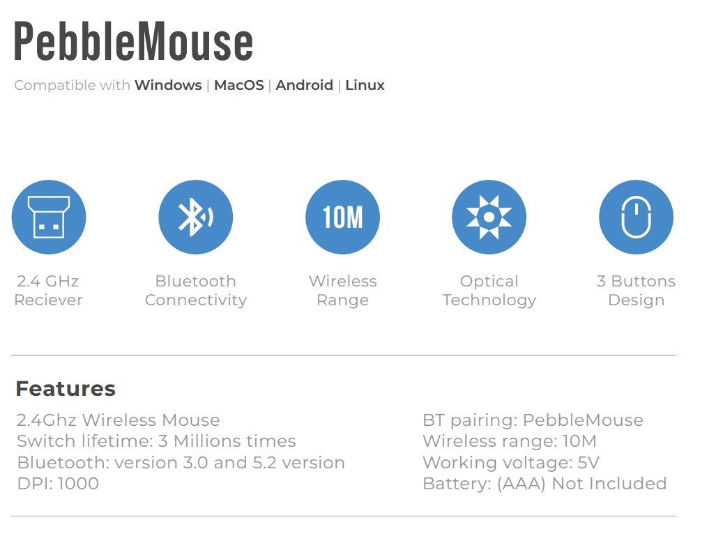 Blupebble Pebble Wireless Mouse 1000 DPI Dual Mode Black BP-PEBBLEMOUSE1-BK thumbnail 9