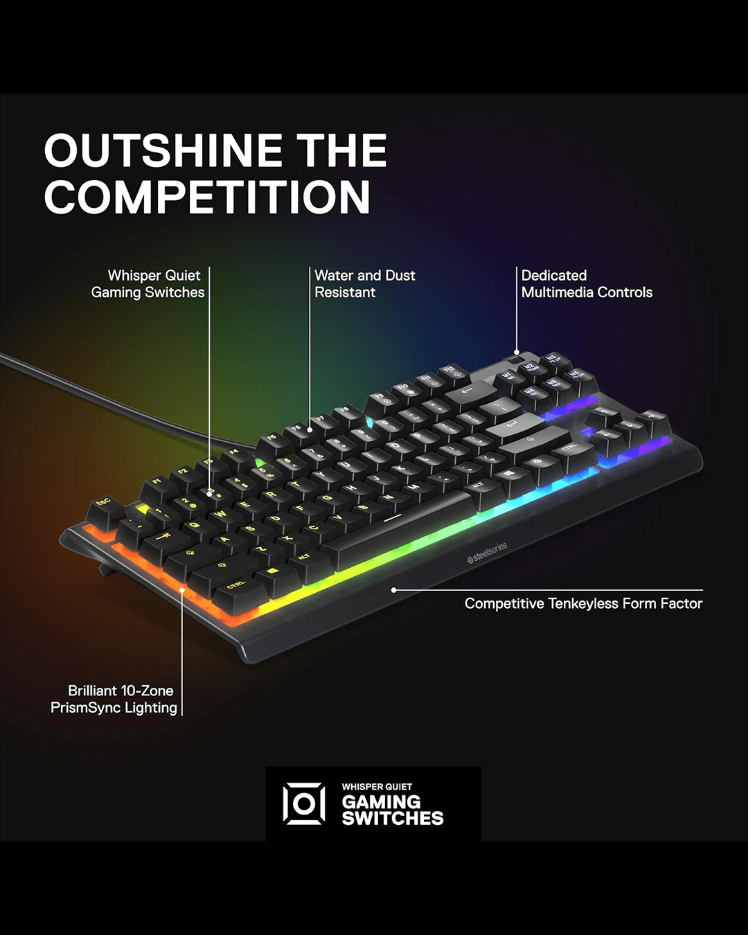 SteelSeries Apex 3 TKL Gaming Keyboard – 8-Zone RGB Illumination | Whisper-Quiet Switches | Water-Resistant Design | Compact TKL Layout thumbnail 3