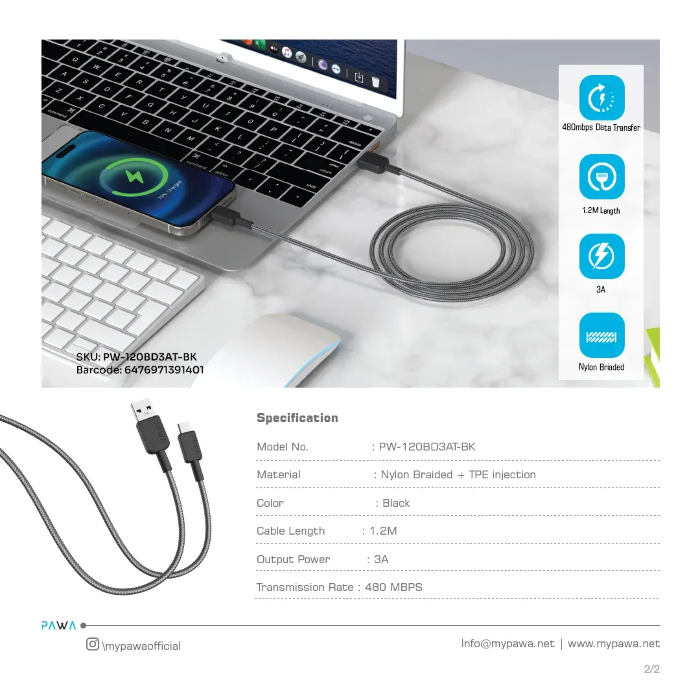 PAWA EL CARO SERIES USB A TO USB C PREMIUM BRAIDED CABLE 1.2M BLACK PW-120BD3AT-BK thumbnail 2