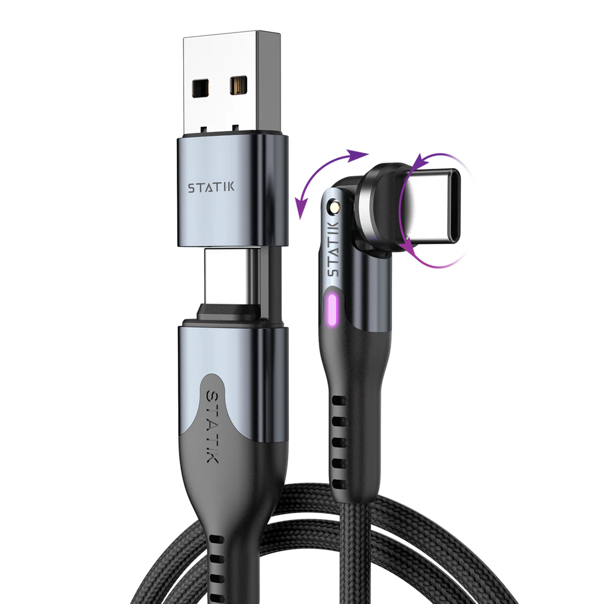 STATIK POWERPIVOT PRO USB C TO USB C WITH USB A ADAPTER BRAIDED NYLON CABLE 3.3FT 1M BLACK PUP-0455-3FT-CC