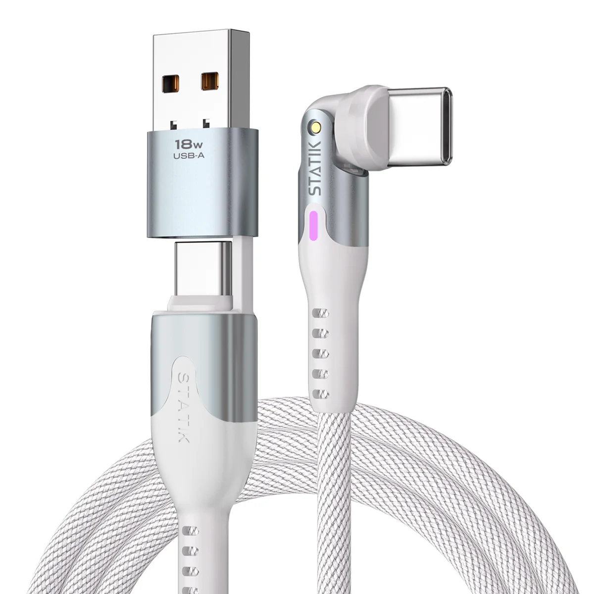 STATIK POWERPIVOT PRO USB C TO USB C WITH USB A ADAPTER BRAIDED NYLON CABLE 3.3FT 1M WHITE PUP-0455-3FT-CC-WHT