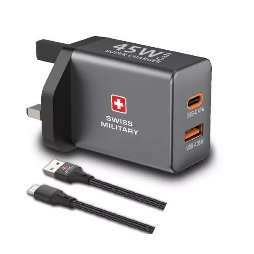 SWISS MILITARY USB-C TO USB-A 45W CHARGER + SWISS MILITARY 60W USB-C TO USB-C 2M CABLE