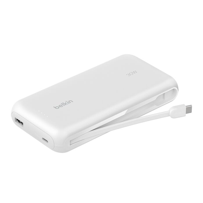 BELKIN BOOST CHARGE POWER BANK 20K WITH USB C INTEGRATED CABLE PD 30W WHITE BPB024HQWH