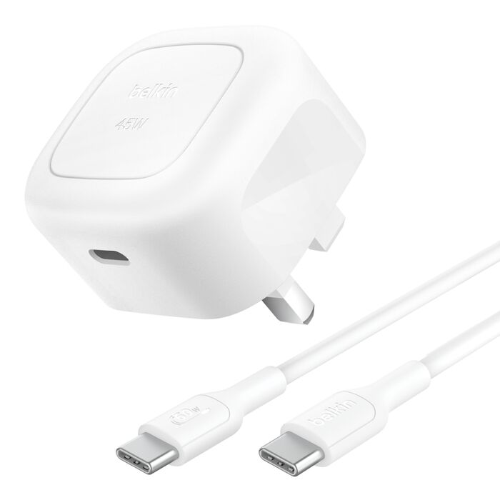 BELKIN BOOST CHARGE COMPACT USB C WALL CHARGER 45W WITH USB C TO USB C CABLE WHITE WCA013MY1MWH-06