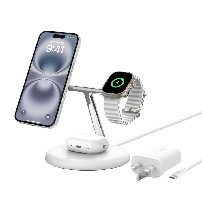 BELKIN QI2 BOOST CHARGE PRO 3 IN 1 MAGNETIC CHARGING STAND WHITE WIZ023MYWH