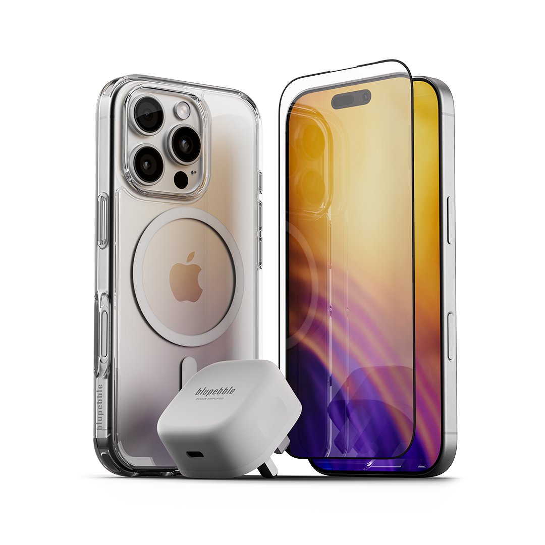 Bluepebble Bundle: Crystal Case + Graphene Tempered Glass + 30W GaN Charger for iPhone 16 Series