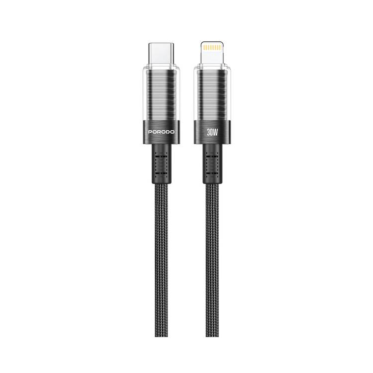 PORODO TRANSPARENT SHELL USB C TO LIGHTNING CABLE 1.2M PD30W BLACK PD-CBL0026-BK-L