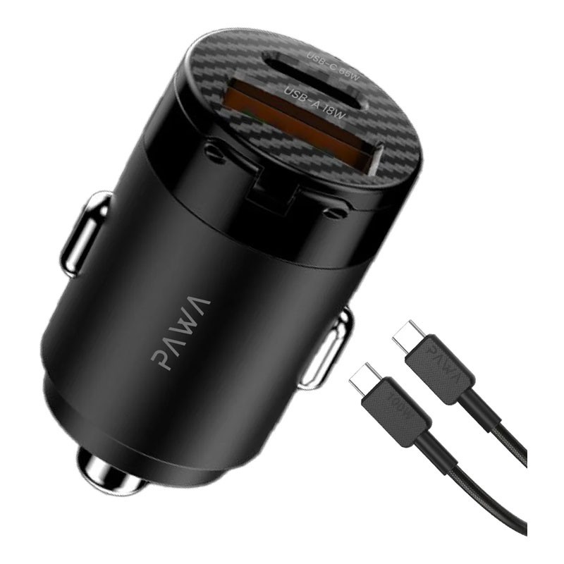 PAWA SUPERMINI CAR CHARGER WITH PD+QC PORT 65W BRAIDED USB C TO USB C CABLE BLACK PW-PDTCN65T-BK