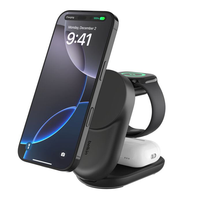BELKIN ULTRA CHARGE QI2 25W 3 IN 1 FOLDABLE MAGNETIC CHARGER BLACK WIZ037MYBK