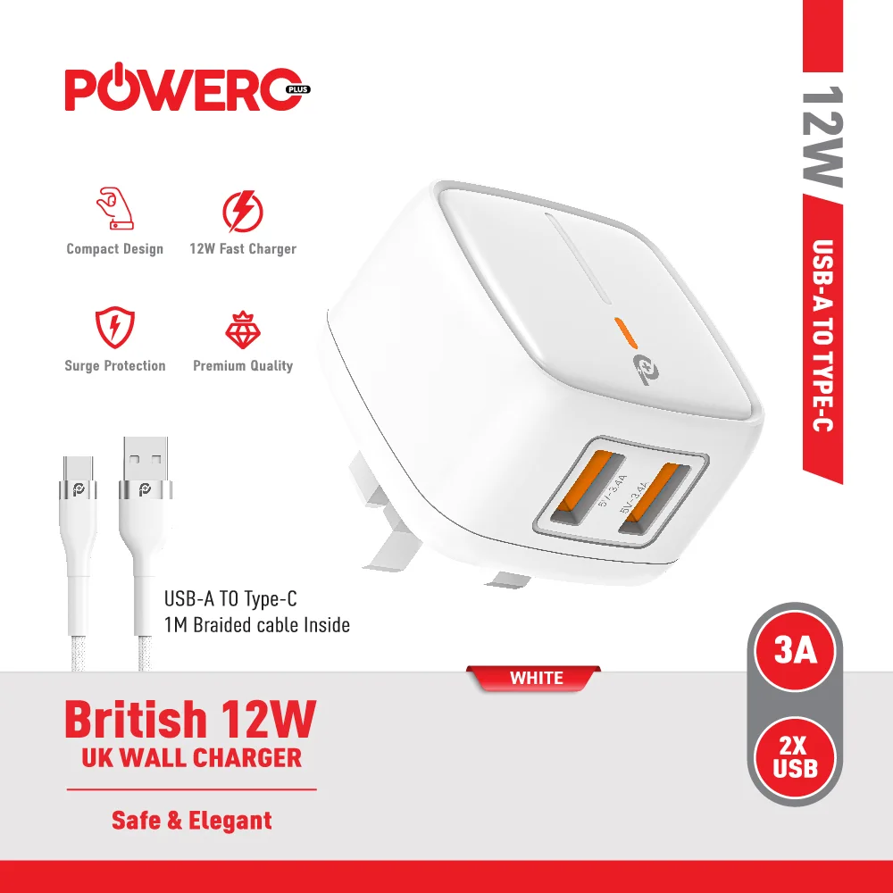 POWERO PLUS 12W BRITISH UK WALL CHARGER WITH USB A TO USB C CABLE WHITE PR-TC24UKAT-WH thumbnail 3