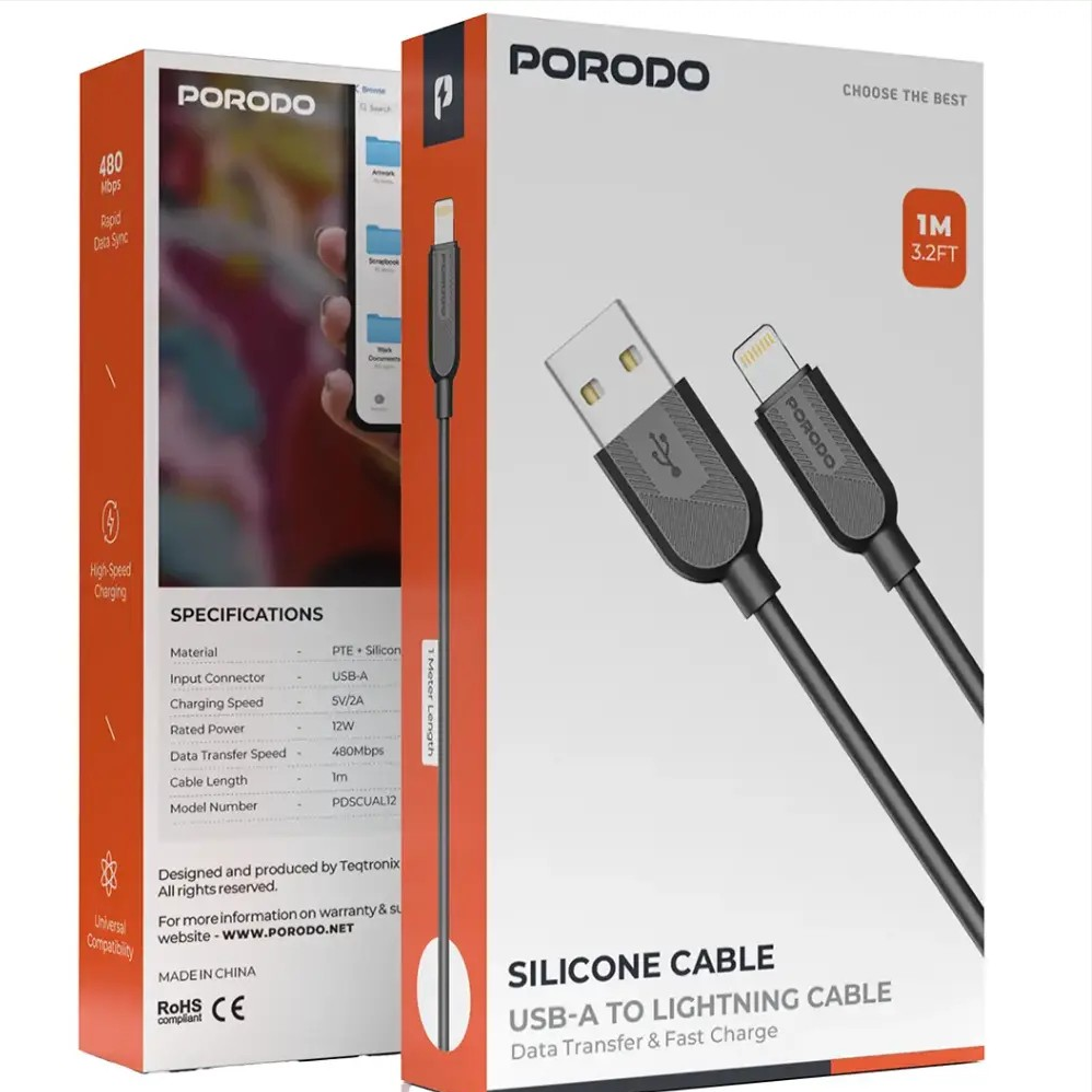 PORODO SILICONE CABLE USB A TO USB C CABLE 12W 1M BLACK PDSCUATC12BK