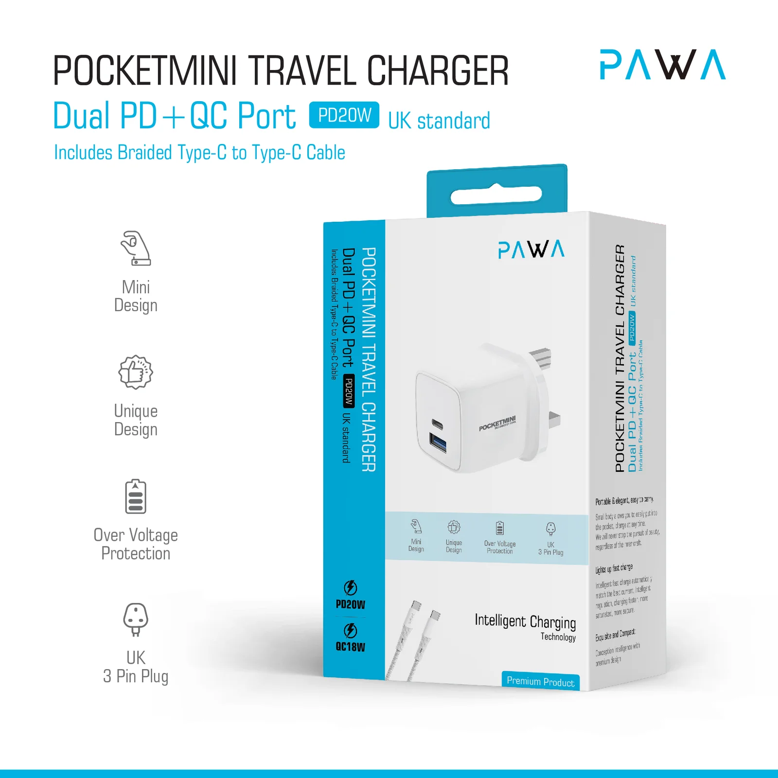 PAWA POCKETMINI TRAVEL CHARGER DUAL PD QC PORT PD20W WITH TYPE C  TO LIGHTNING CABLE WHITE PW-PM1U1PUKL-WH thumbnail 2