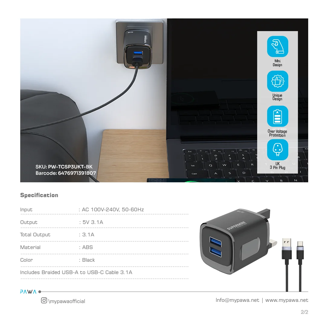 PAWA SUPERMINI TRAVEL CHARGER DUAL USB 3.1A WITH BRAIDED TYPE C CABLE BLACK PW-TCSP3UKT-BK thumbnail 4