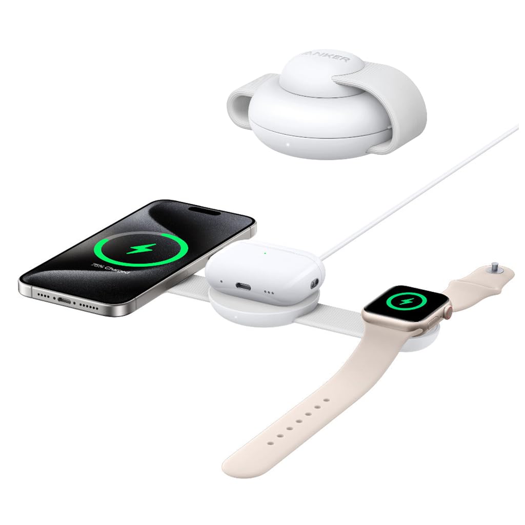 ANKER 3 IN 1 MAGGO WIRELESS CHARGING PAD WITH CHARGER AND USB-C CABLE 15W WHITE B25M8H21