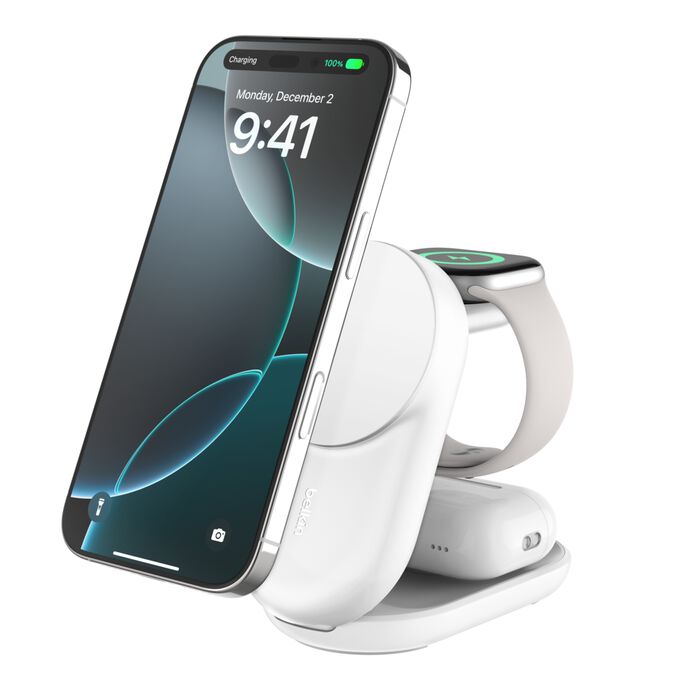 BELKIN ULTRA CHARGE QI2 25W 3 IN 1 FOLDABLE MAGNETIC CHARGER WHITE WIZ037MYWH thumbnail 2