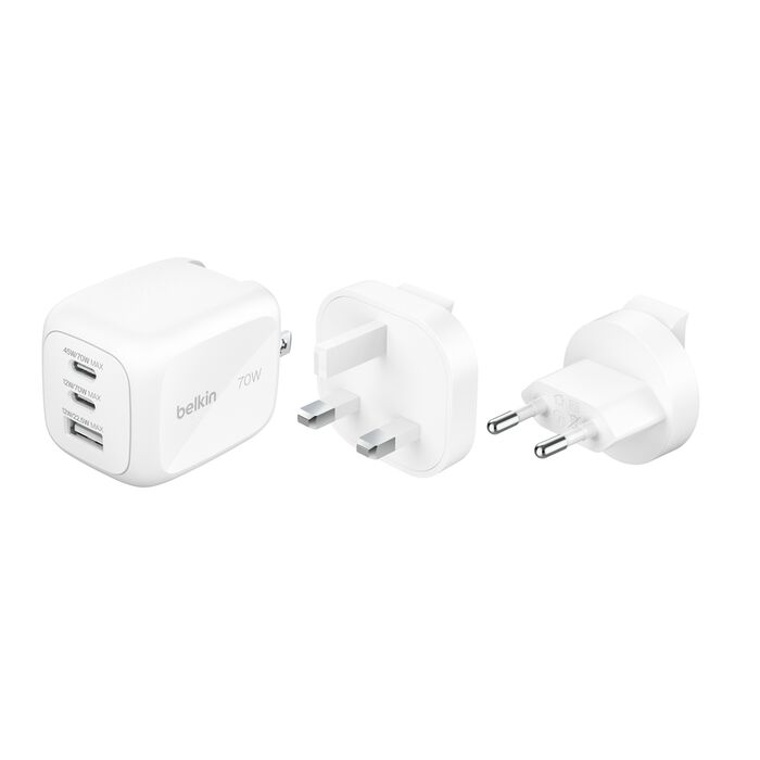 BELKIN BOOST CHARGE PRO 3 PORT GAN WALL CHARGER 70W WITH INTERCHANGEABLE PLUS TIPS WHITE WCH018HQWH