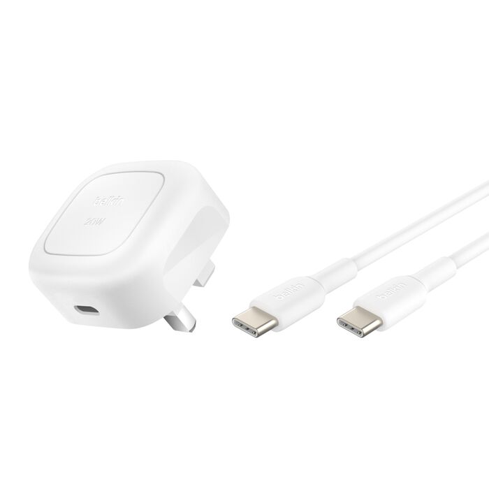 BELKIN BOOSTCHARGE COMPACT USB C 20W WALL CHARGER WITH USB C TO USB C CABLE WHITE WCA009MY1MWH