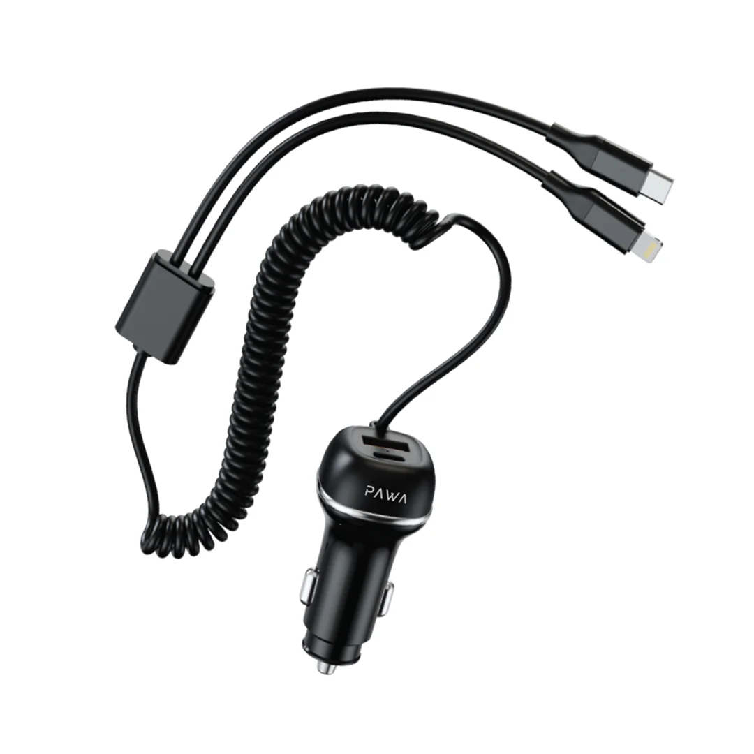 PAWA SOLID CAR CHARGER DUAL PORT PD+QC WITH USB C AND LIGHTNING CABLE 68W BLACK PW-CC68INTL-BK