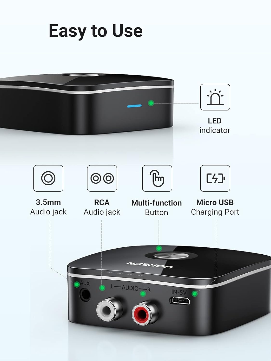 UGREEN BLUETOOTH RECEIVER AUDIO ADAPTER 5.0 BLACK 40762 thumbnail 6