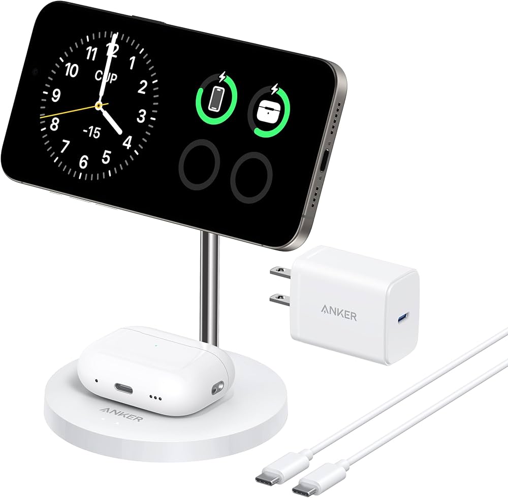 ANKER MAGGO WIRELESS 2-IN-1 DOCK STAND CHARGER AND 5FT USB C TO USB C CABLE WHITE A25M7H21