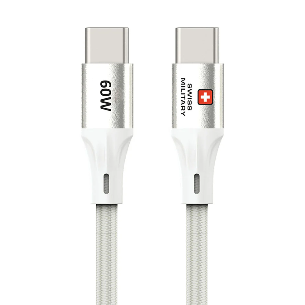 SWISS MILITARY USB C TO USB C HEAVY DUTY HIGH PERFORMANCE CHARGING DATA TRANSFER CABLE WHITE